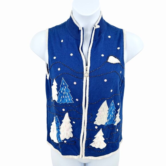 MERCER STREET STUDIO BLUE & WHITE CHRISTMAS HOLIDAY SWEATER VEST SNOWFLAKES TREE - Picture 1 of 5